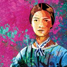 An illustration of Emily Dickinson: a white woman with brown hair in a blue dress and blue and white short neckscarf. Pink, turquoise, and teal paint is splattered across the background.