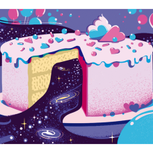 Illustration of a pink and blue cake with a slice removed to reveal galaxies and stars