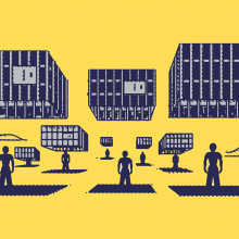Illustration of cages floating in the air casting shadows on human figures