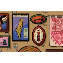 An illustration of a tan wall decorated with pieces of Palestinian art. From left to right, there's a painting of a woman holding up the Palestine flag behind her, a map of historic Palestine, a framed key, a white tapestry with complex red patterns, etc.