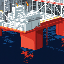 Illustration of a person walking on water away from an oil rig