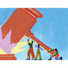 An illustration of three people holding up a giant gavel that is making a noise.