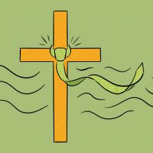 An illustration of a gold cross with a light green dress tie just above the horizontal arms. It blows in the wind against a gray-green backdrop.
