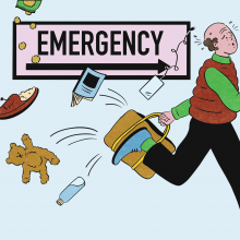 The illustration shows a man running towards the emergency room with miscellaneous items flying out of his bag. 