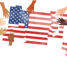 Illustration of many hands of different skin tones clutches pieces of an American flag