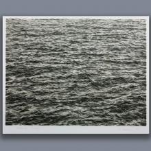 A black-and-white lithograph of rippling ocean waves, meticulously drawn by Vija Celmins so as to appear like a black-and-white photo.