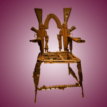 The image shows a throne made out of guns on a pink background 
