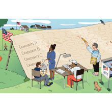 Illustration of voters standing in a field marking an enlarged ranked choice ballot