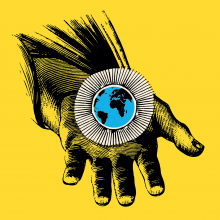 Illustration of a dark hand holding in its palm a haloed planet Earth 
