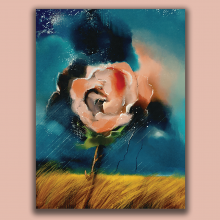 Illustration of a single, large rose caught in a storm in a wheat field