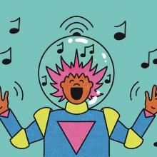Illustration of a pink-haired person singing inside a bubble around their head