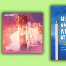 The cover of Laura Mvula's album is a photo of her dancing among stars and galaxies, and the cover of 'Muslim Writers At Home' is a blue background with a pen.