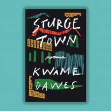 The image is of the book called Sturge Town which is a poetry collection. The book is a dark gray with shapes in red, blue, green, and yellow