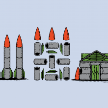 Illustration of nuclear weapons being deconstructed and rebuilt into a house.