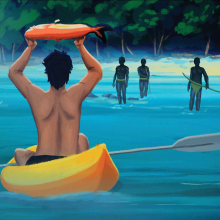 The illustration shows the back of a shirtless man on a kayak, holding a large fish over his head. People are walking towards him from the island, with weapons. 