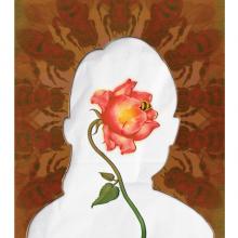 A white silhouette of a person's head with a brown backdrop and large bees surrounding the head like a halo. A bright pink rose with a bee pollinating it is inside the silhouette. 