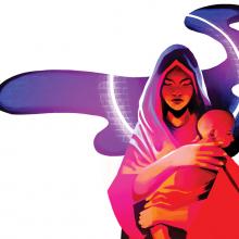 A vibrant illustration of Mary in a hood holding baby Jesus in tones of violent, blue, orange, and red. A glowing halo surrounds her as she closes her eyes.