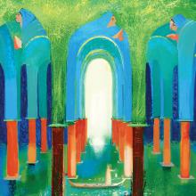 An illustration of an underground waterway filled with pillars of brick, supporting arches of stone that give way to a ceiling of greenery and vines. A single gondola floats on the calm water in the center with a person standing in it with a lamp.