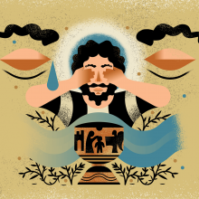 An illustration of a man with dark hair and a beard, covering his eyes as a tear falls. In front of him there is a chalice and flowing water. 