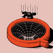 Illustration of a person falling into a trap that is shaped like the letter Q to represent Q-Anon.