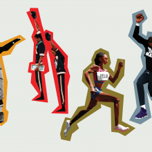 The illustration shows five Black athletes in history, designed in a blocky/collage style and surrounded in a colorful thick outline. 