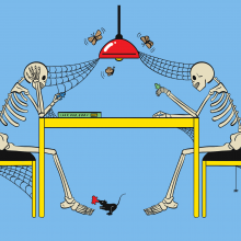 The illustration shows two skeletons sitting at a yellow table working on a puzzle, with cobwebs, flies and mice all over the scene. 