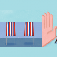 An illustration of a giant hand preventing hopeful voters from accessing the polls. 