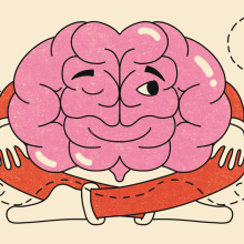 An illustration of a brain sitting cross-legged on the floor with one eye closed and the other open, distracted by a fly buzzing around the room. 