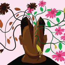 An illustration of a head opening in half, with flowers flourishing to one side and wilting on the other. 
