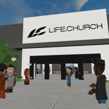 A screenshot of the computer-generated Life.Church with metaverse figures mingling outside the virtual doors.