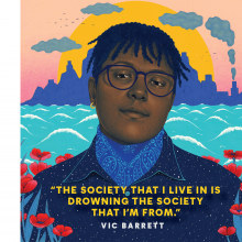 An illustrated portrait of Vic Barrett, a young Honduran climate activist. In the background are mountain silhouettes at sunset and ocean water.