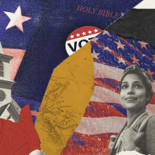 The image is a collage of a red, white, blue, gray and white scraps of paper depicting Latino Americans, churches, and American symbols. 