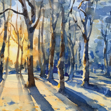 The image is a watercolor painting of a barren forest with a layer of snow and a setting sun shining through the trees. 