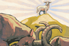 illustration of shining lamb standing on hilltop as rams butt horns below
