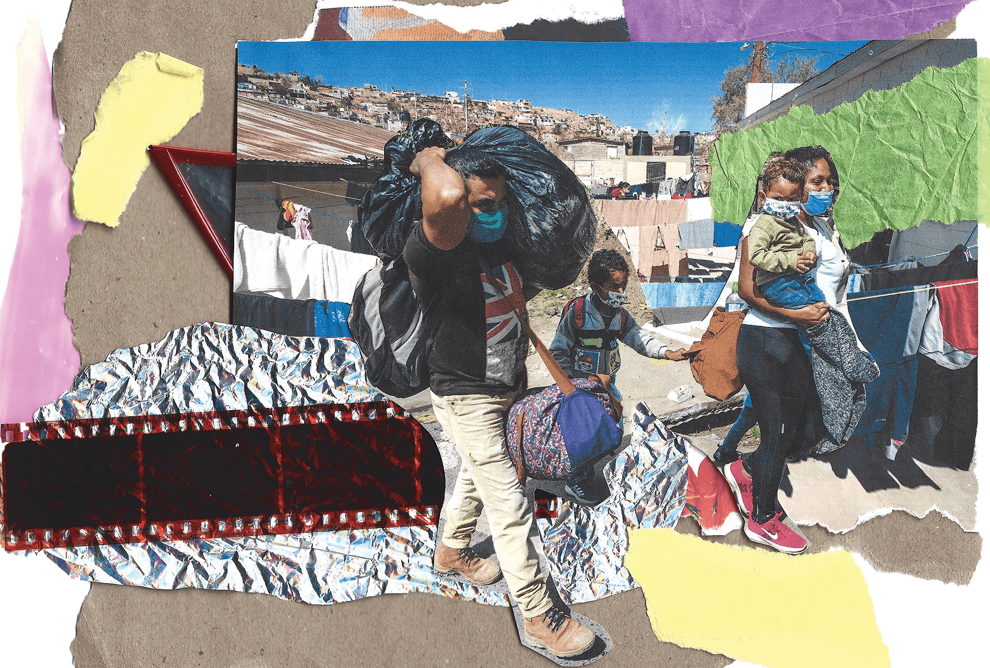Illustrations by Brianna Robinson A family migrates from Honduras carrying bags.