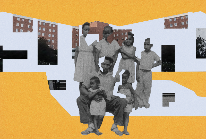 The image is a collage with a yellow background with rectangles showing the sides of an apartment building. In the middle is a black and white image of a Black family of seven. 