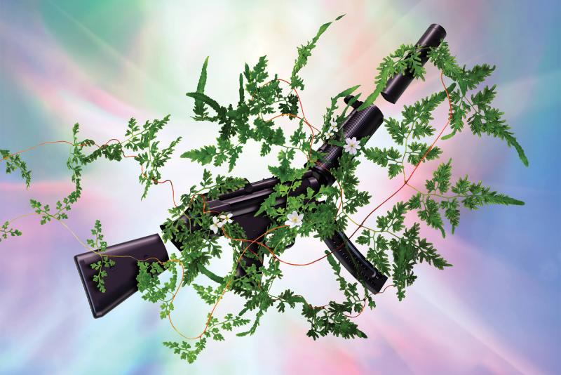 An MP5 submachine gun is shown being taken apart by and entangled in plant stems with green leaves.