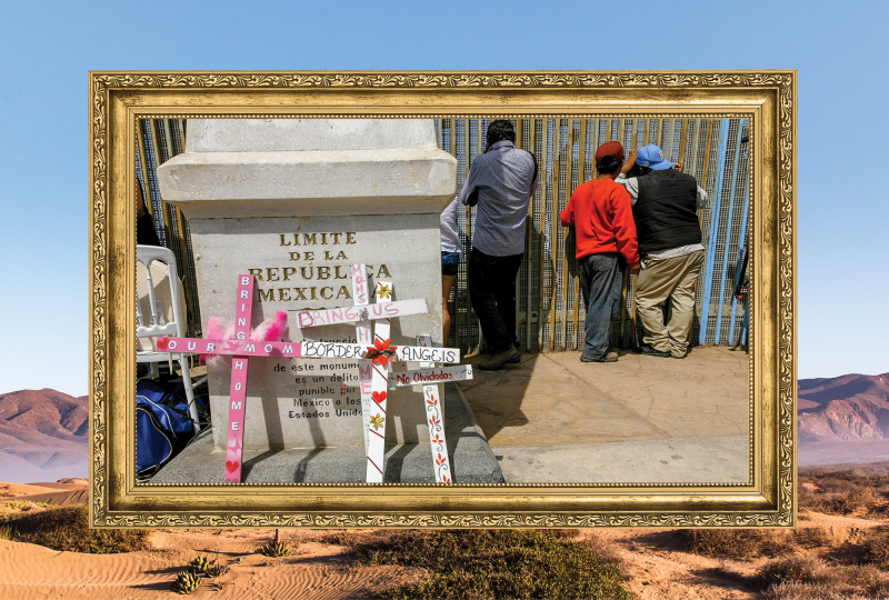 Image of people conversing through the iron border wall at the U.S.-Mexico border floating in a golden frame, overlayed on top of an image of the borderlands.