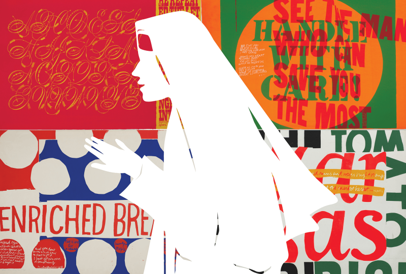 A collage of Corita Kent's artwork with an silhouette depiction of her in her nun's habit.