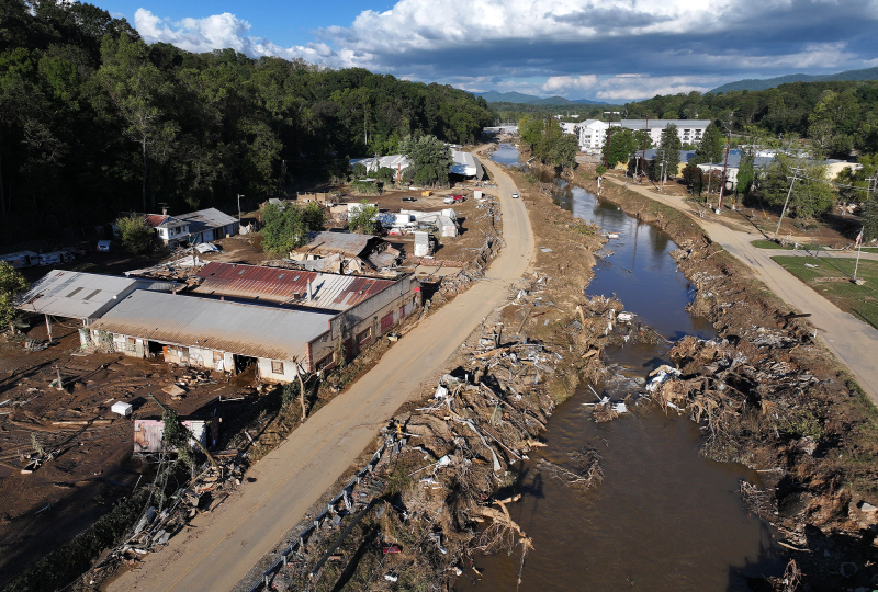 An aerial view of flood damage following Hurricane Helene in Asheville, N.C.