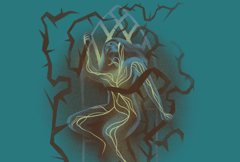 An illustration of a blue woman hovering in the air with an abstract drawing of her nervous system glowing a translucent yellow-green through her skin. She is superimposed over an abstract drawing of a stain glass window with black thorns surrounding her.