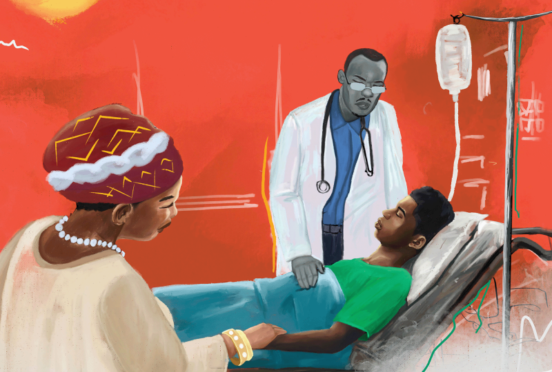 The illustration shows a man Black man dying with a doctor at his bedside. There is also a woman holding the dying man's hand. 