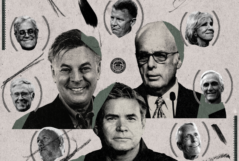 Top row, from left: David Koch, Erik Prince, Betsy DeVos; Middle row: Charles Koch, Lance Wallnau, John Macarthur, Tim Dunn; Bottom row: Farris Wilks, Jack Hibbs, Richard Uihlein