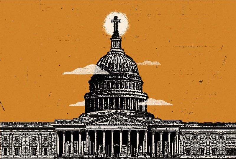 The illustration shows the U.S. capitol building with a cross on the top 