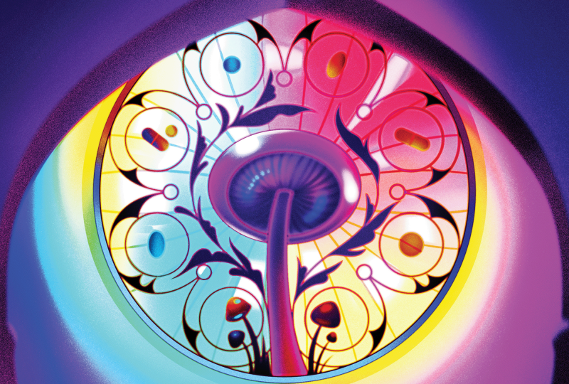 The illustration shows a church stained glass window with rainbow colors that also looks like an eye, and there is a giant mushroom in the middle