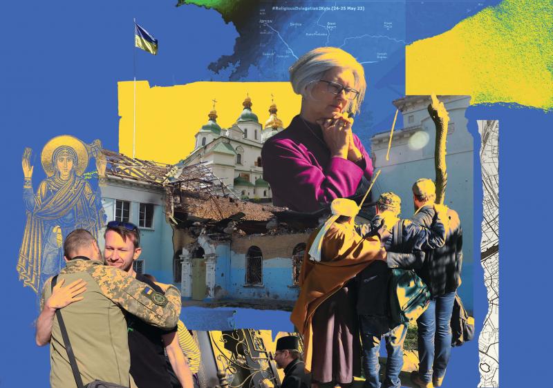 A collage of photographs from the faith delegation in Ukraine. In one corner, a soldier embraces a man. In another, a woman looks into the distance with her hands folded in prayer. In the background are maps of Ukraine.