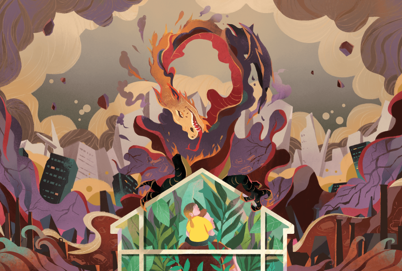 Illustration of a dragon wreaking havoc around a plant-filled house protecting a parent and child