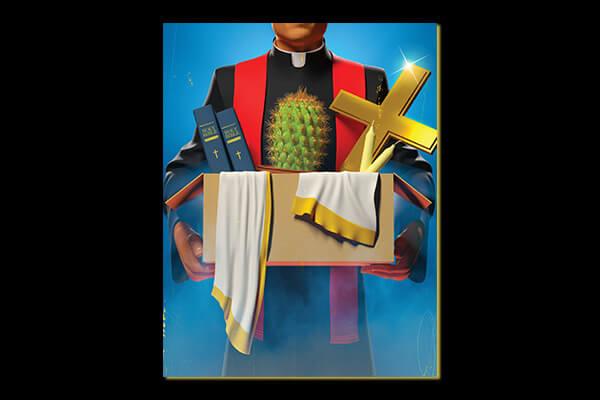 Illustration of a vestment-clad clergy-member carrying a box with candles, a cactus, cross, and two Bibles