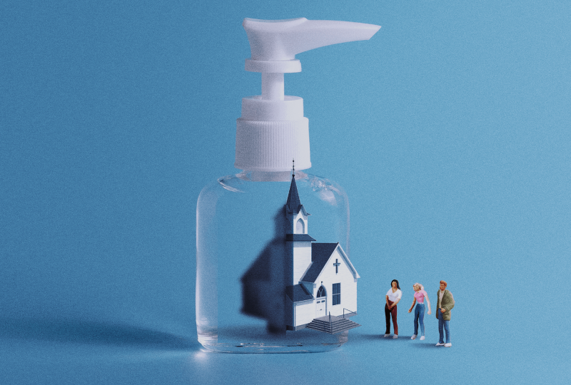 A graphic of a church building inside of a hand sanitizer bottle. There are people outside looking at the building.