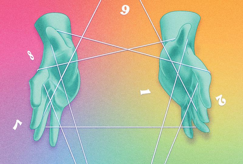 An illustration of blue disembodied hands pulling white strings in various directions in the shape of the Enneagram symbol. The background is a mixture of bright pastel colors of the rainbow.